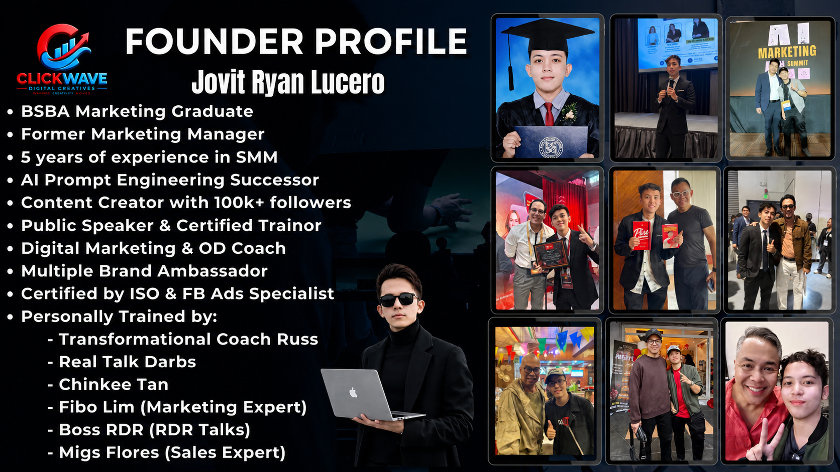 Jovit Ryan Lucero, founder of Clickwave Digital Creatives, with professional credentials